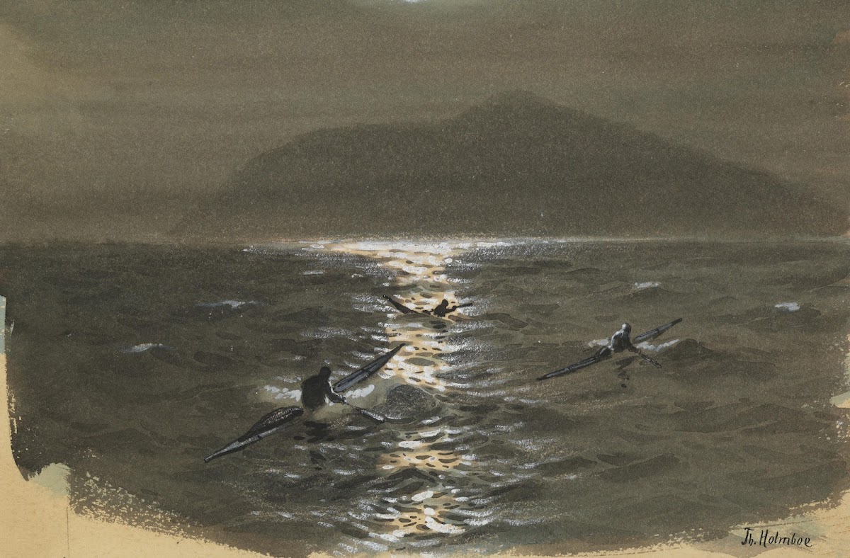 Ekspedisjonens medlemmer i kajakker på vei mot Kornok natten 7 april 1889 1889