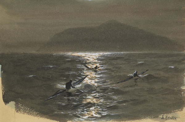 Ekspedisjonens medlemmer i kajakker på vei mot Kornok natten 7 april 1889 1889