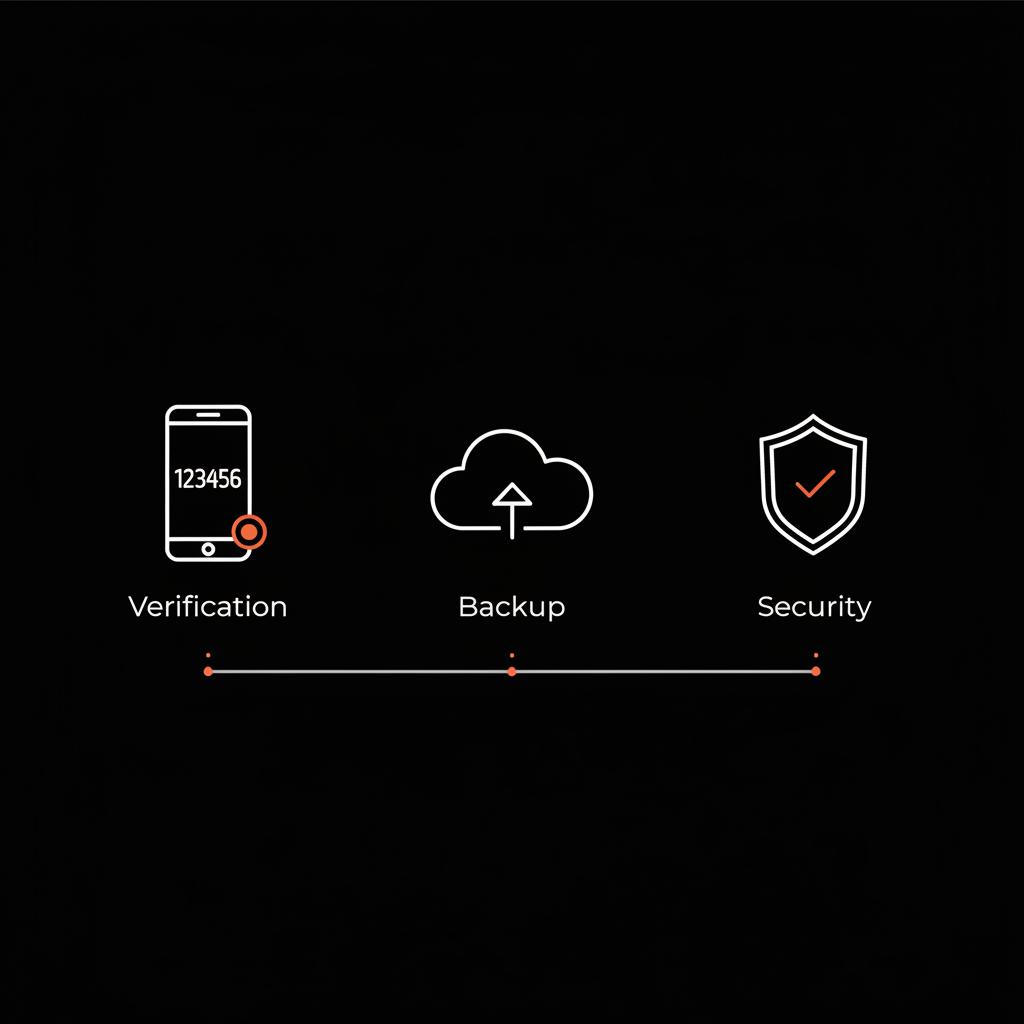 Minimal infographic with phone showing verification code, cloud backup icon and shield in Social Success Hub colors — WhatsApp Business account suspended