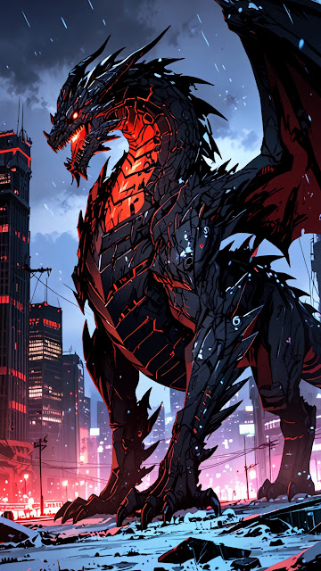 Giant Cyber Dragon Overlooking Neon City - Free mobile Wallpaper