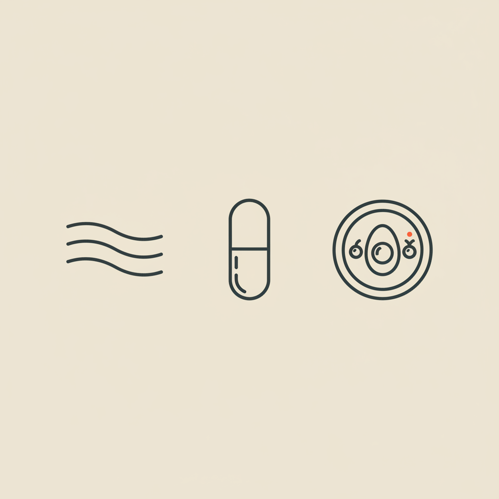 Minimalist vector illustration of a breath pattern icon, capsule, and a small plate with an egg and berries on beige background — Lumen device health visual