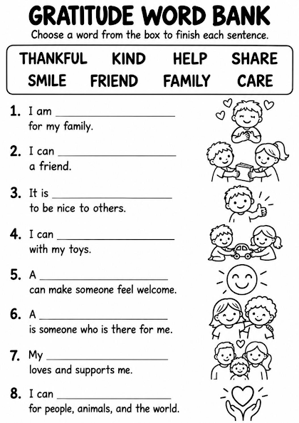 Gratitude Word Bank Worksheet