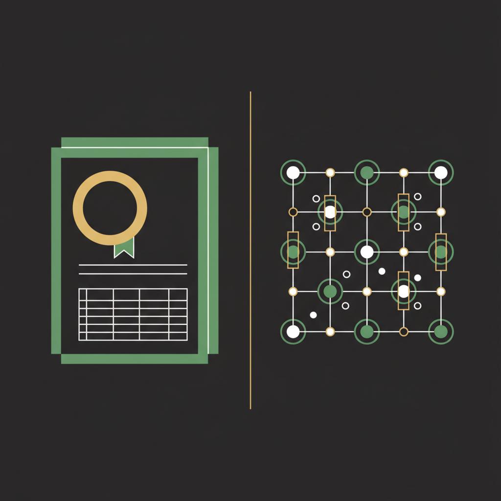 Minimalist 2D vector split illustration of a stock certificate ledger on the left and a blockchain token network on the right highlighting crypto coin stock
