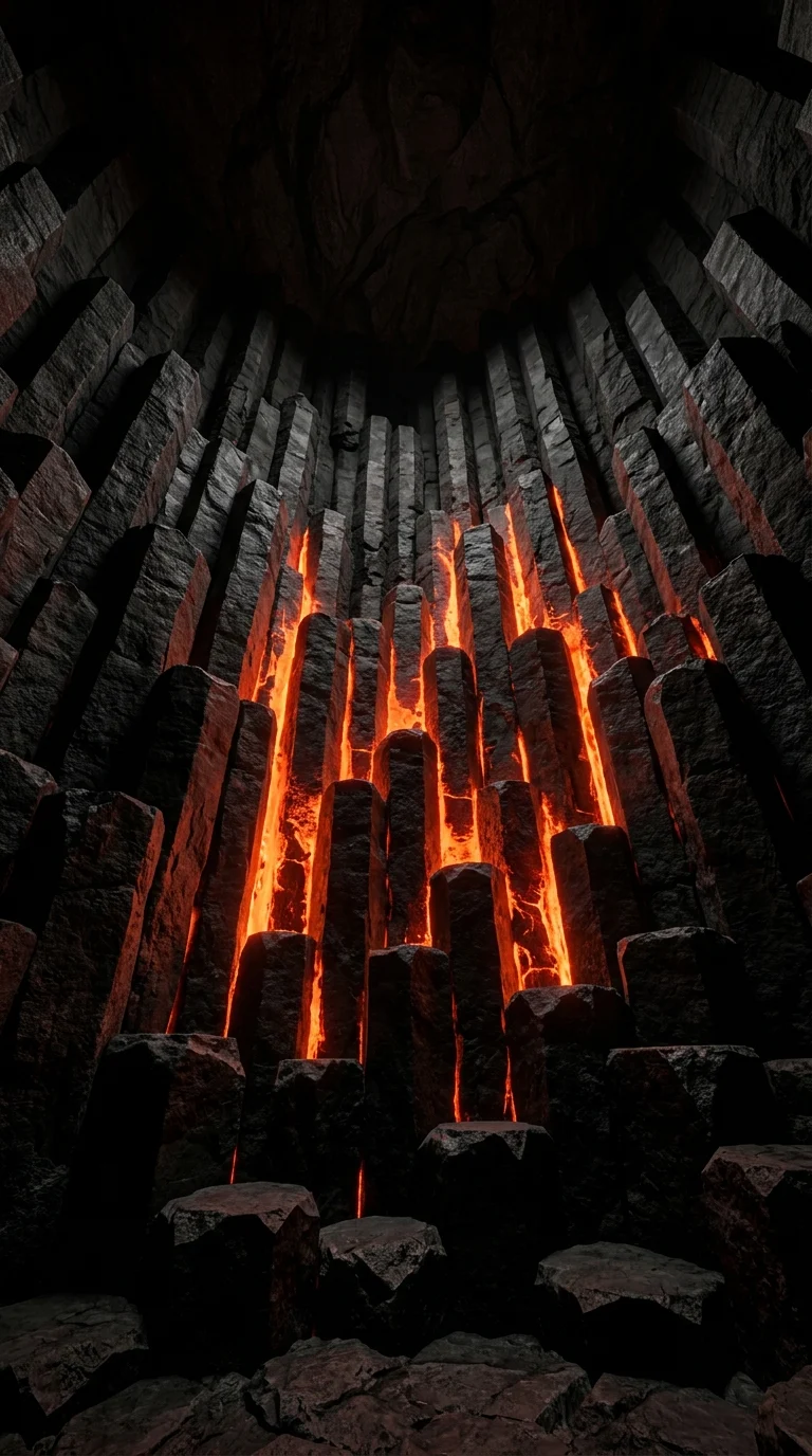 Geometric Basalt Columns with Internal Magma Glow - Free 4K mobile Wallpaper
