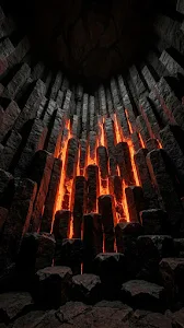 Geometric Basalt Columns with Internal Magma Glow