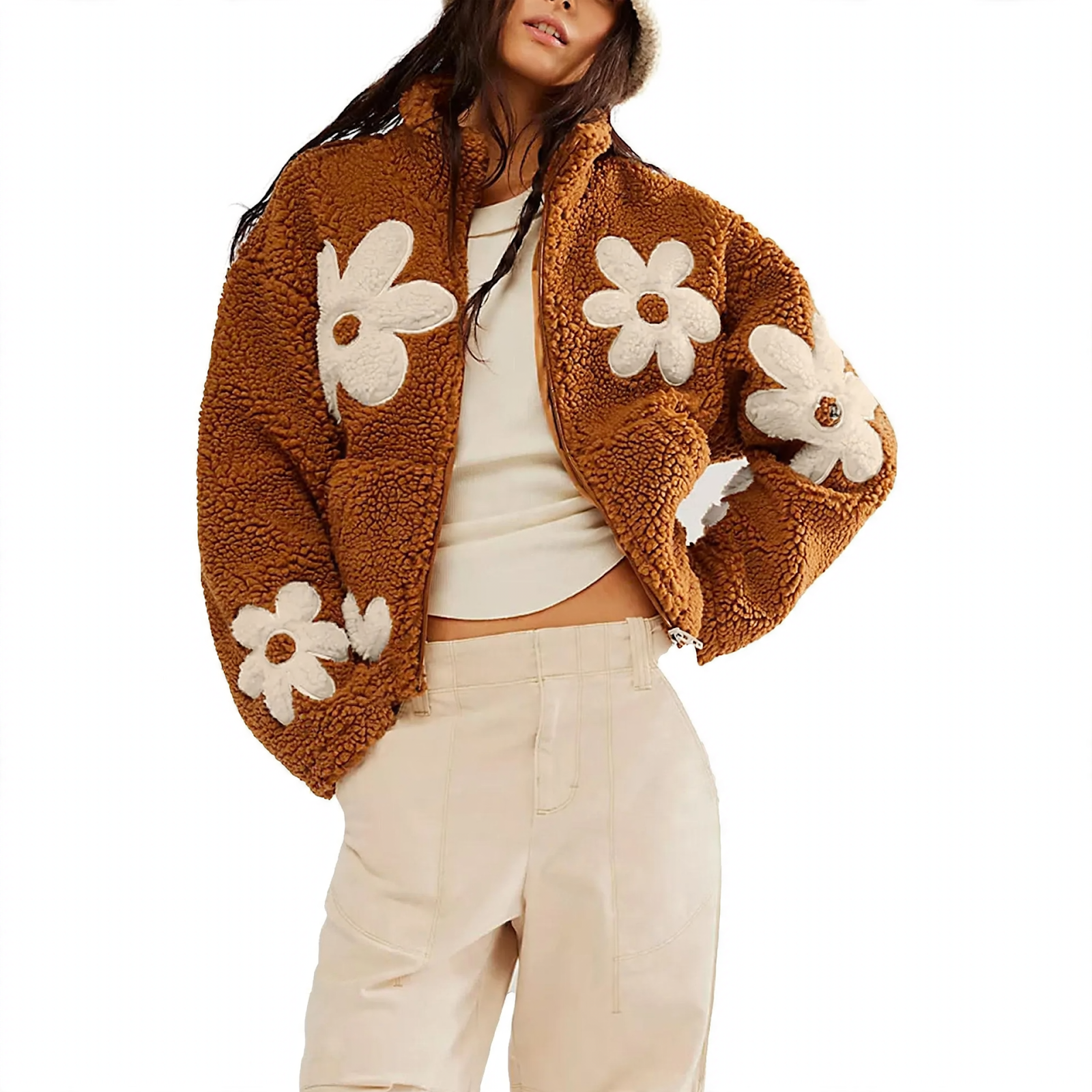 Faux lambswool knitted jacket with floral embroidery