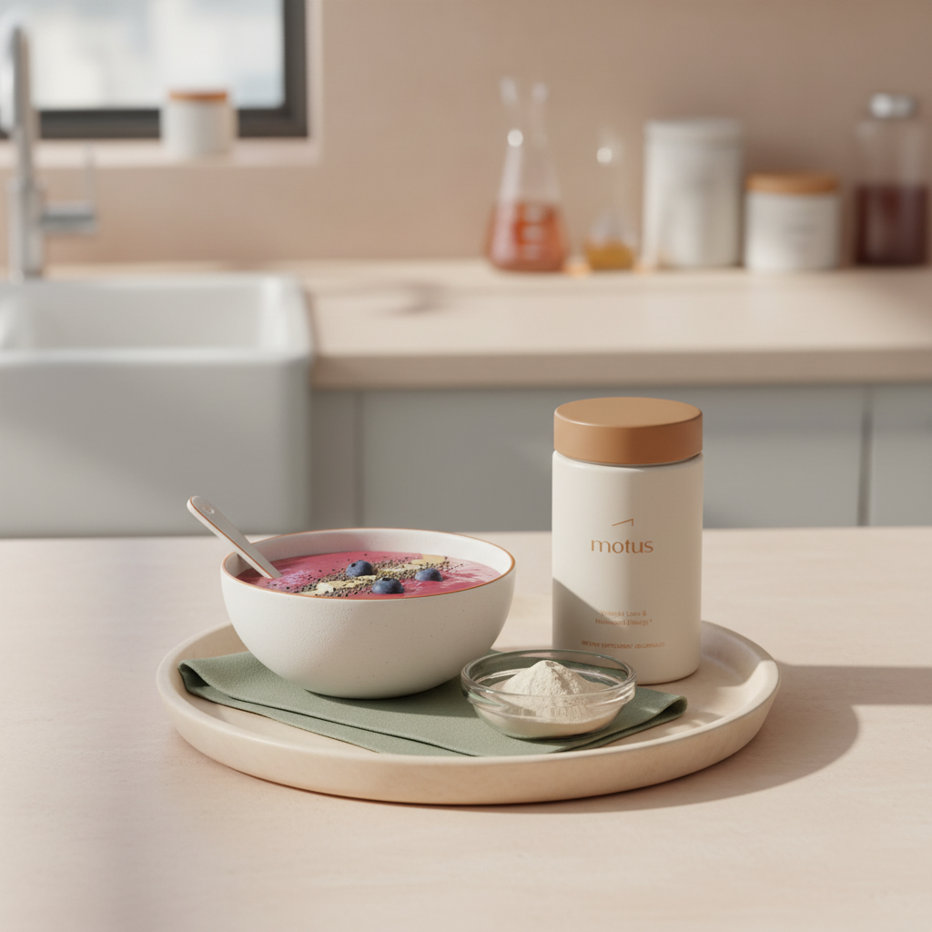 Tonum Motus jar on a wooden tray next to a smoothie bowl and a scoop of protein powder in a minimalist kitchen scene—protein for women over 40 focus