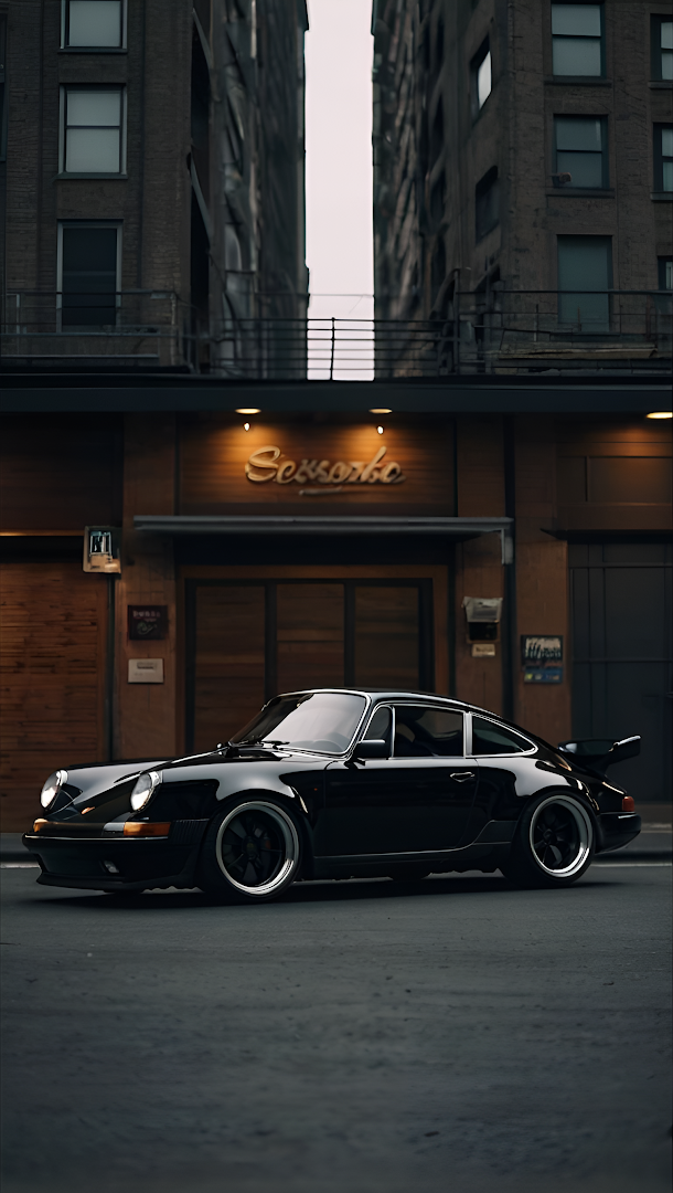 Black Porsche Classic Parked in Urban Alley at Dusk
