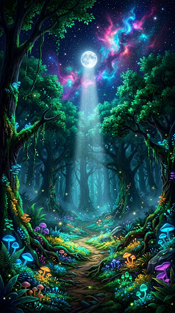 Imaginative Digital Painting of Celestial Forest with Glowing Moss - Free mobile Wallpaper