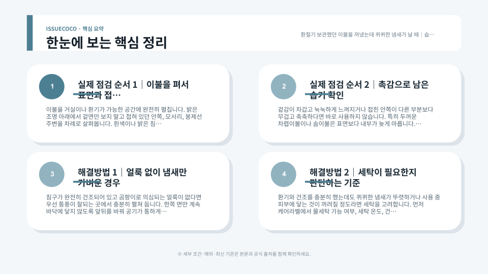 보관 이불의 습기와 곰팡이 흔적을 확인하고 환기와 건조를 진행하는 과정