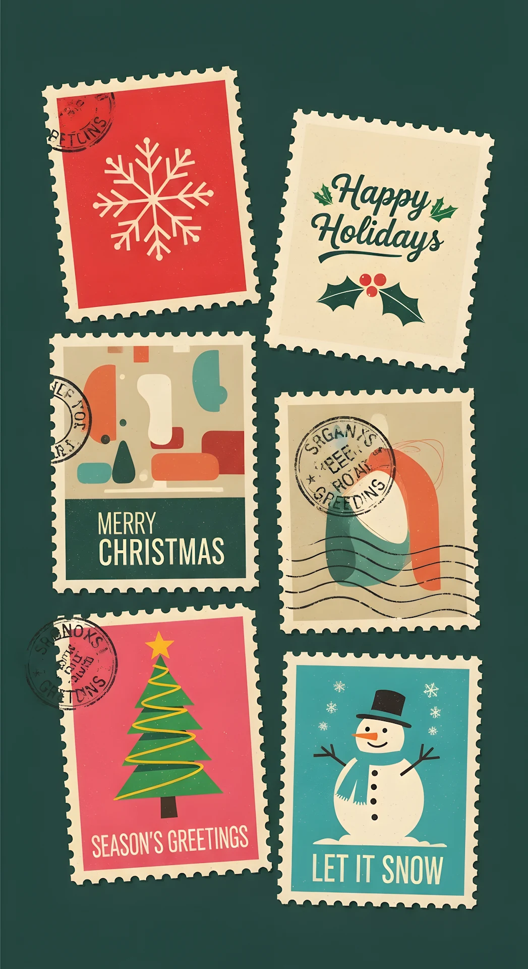 Retro Christmas Postage Stamps Collection Dark Green - Free 4K mobile Wallpaper