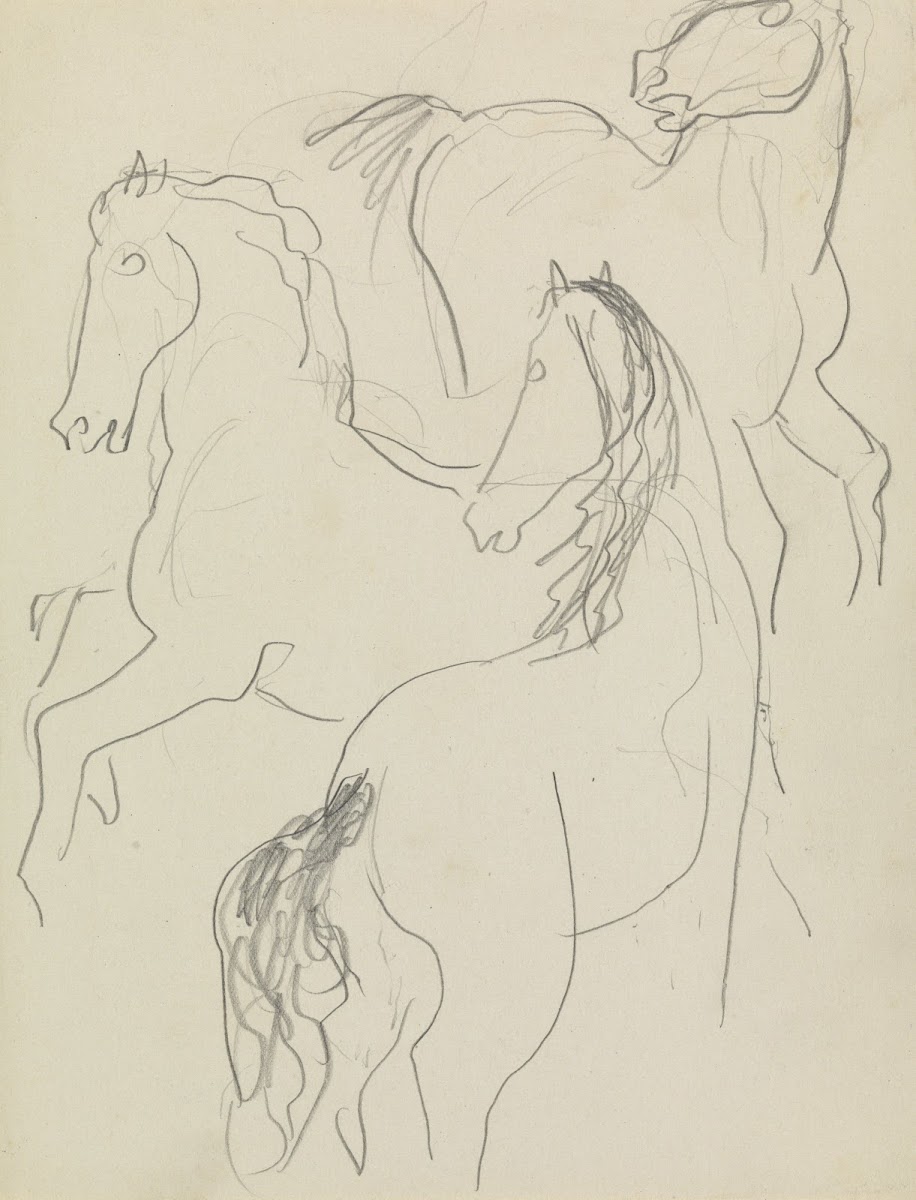 Schetsblad met drie studies van paarden 20th century
