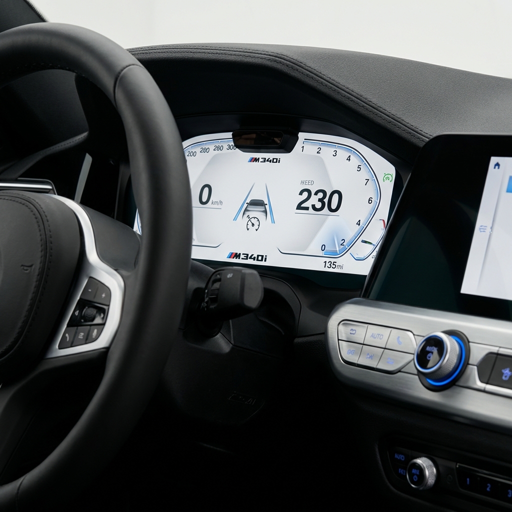Close up of BMW M340i instrument cluster and driver assist controls in studio white background showing feature icons tactile controls and blue accents bmw m340i for sale