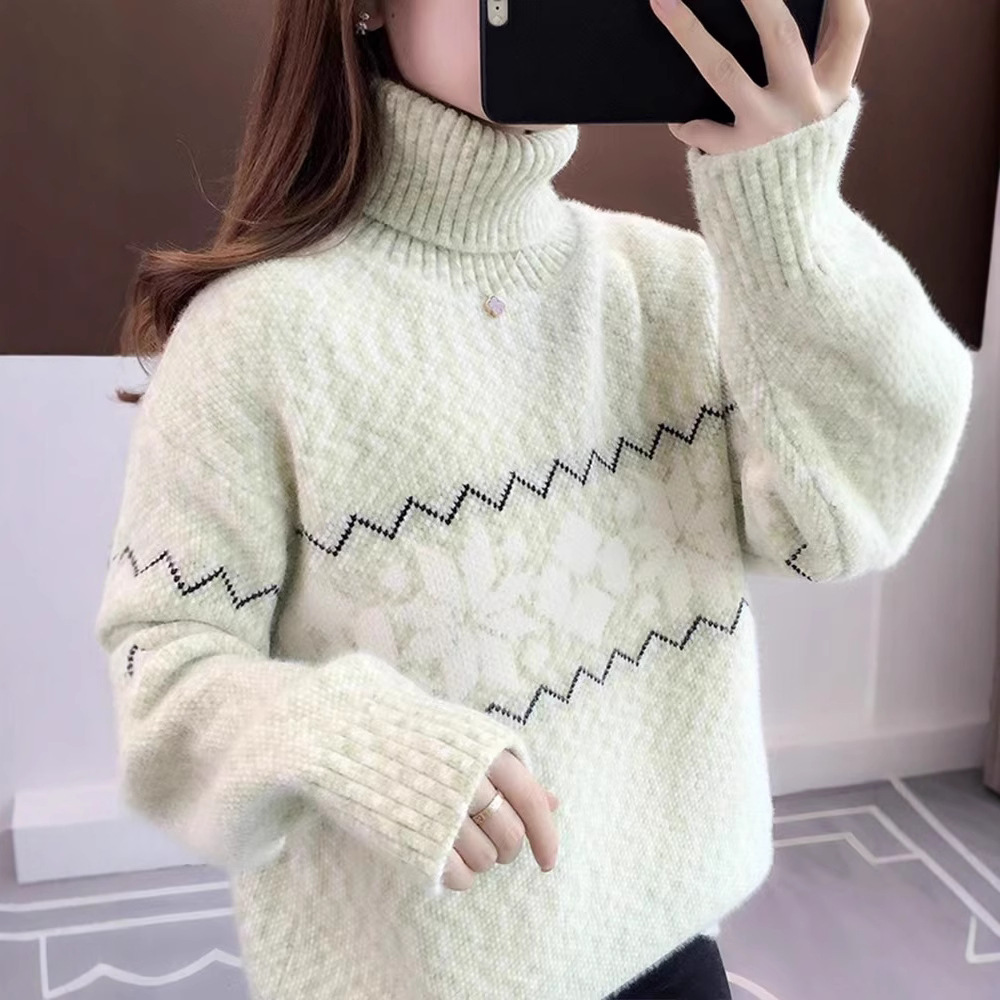 Women's knitted sweater with snowflake pattern and high collar