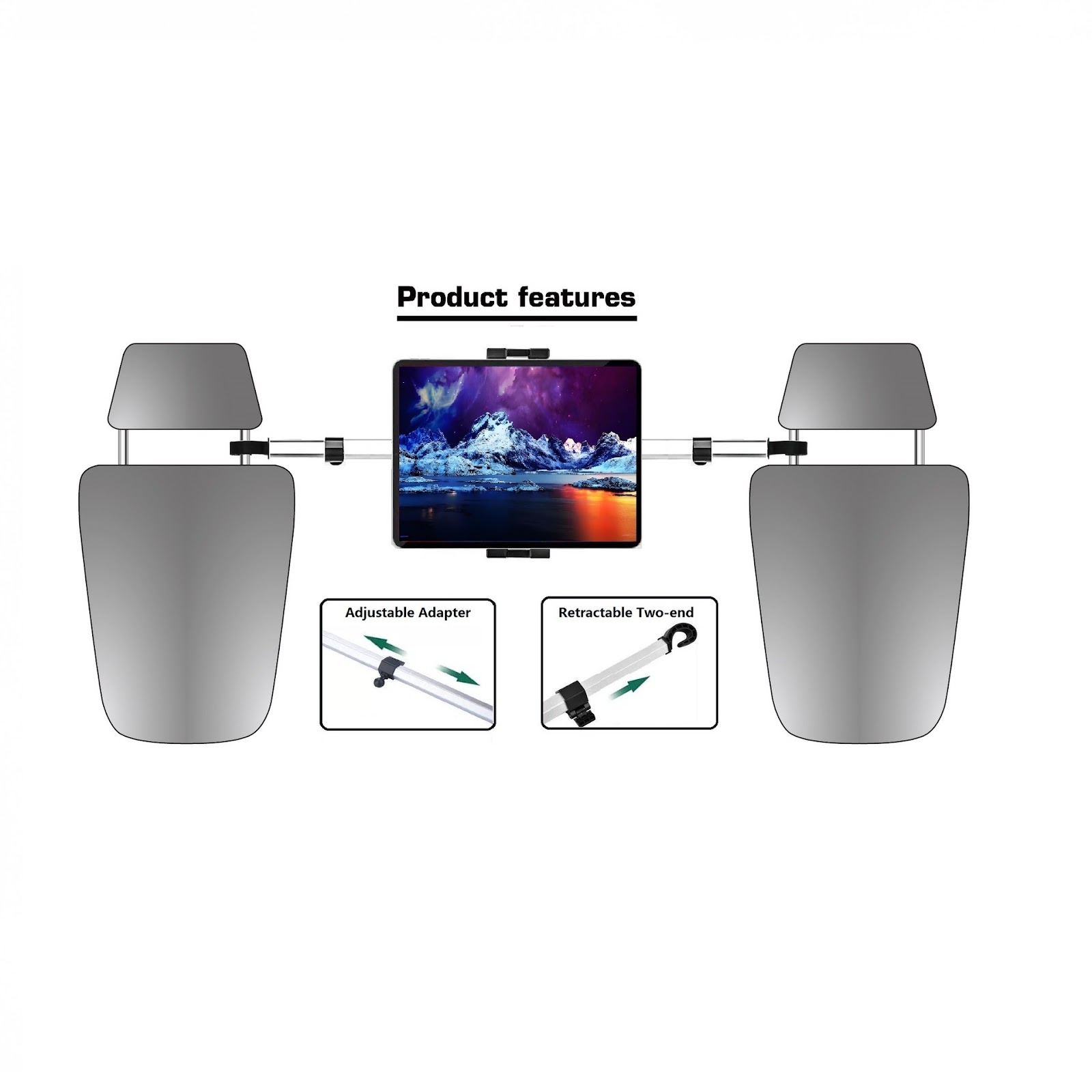 Tablet holder for car seat, adjustable