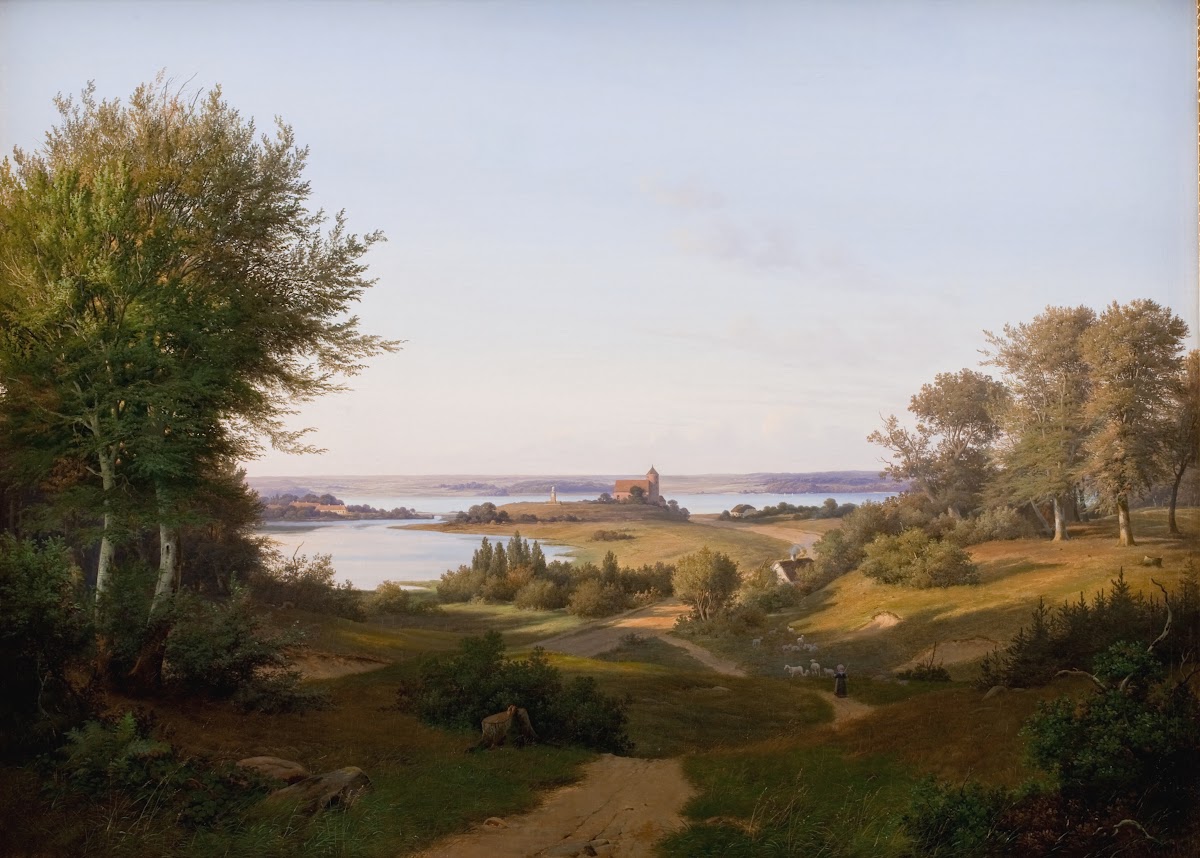 View of the Hill at Skanderborg Castle Jutland and the Memorial to frederik VI 1