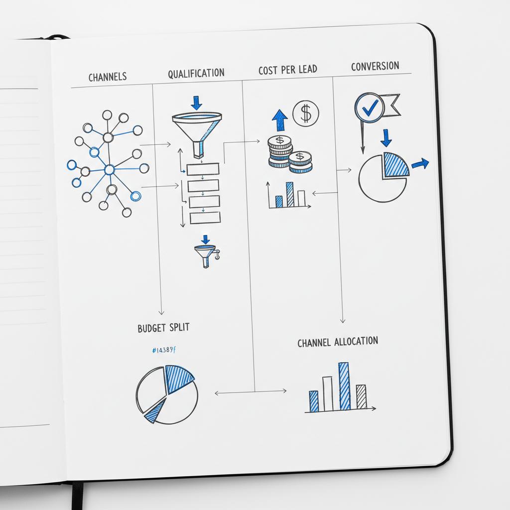 Top-down minimal planner page with hand-drawn column sketches for channels, qualification, cost per lead and conversion in dark gray and blue accents on white background.