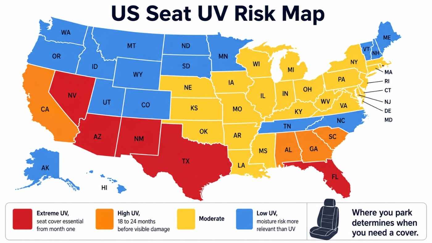 US Seat UV Risk Map showing where Ford Ranger seats face the highest UV damage and moisture-related interior wear risks.