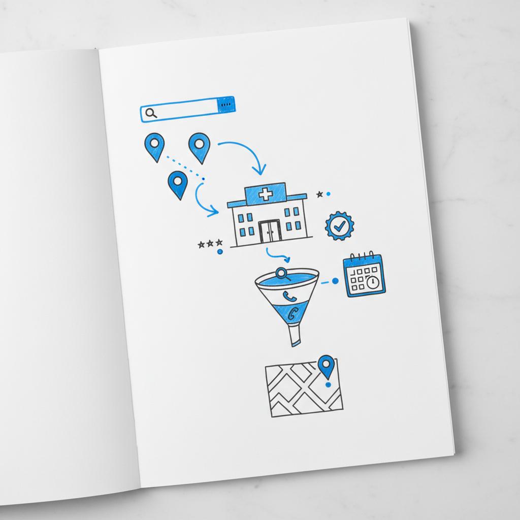 Notepad sketch of local SEO for a doctor: map pins, office silhouette and arrows showing search-to-visit flow &mdash; Are doctors allowed to advertise themselves?