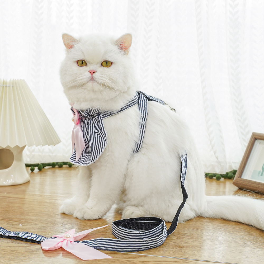 Dog harness with leash, polyester, blue striped