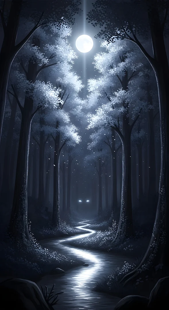 Eerie Moonlit Forest Path with Glowing Eyes Art