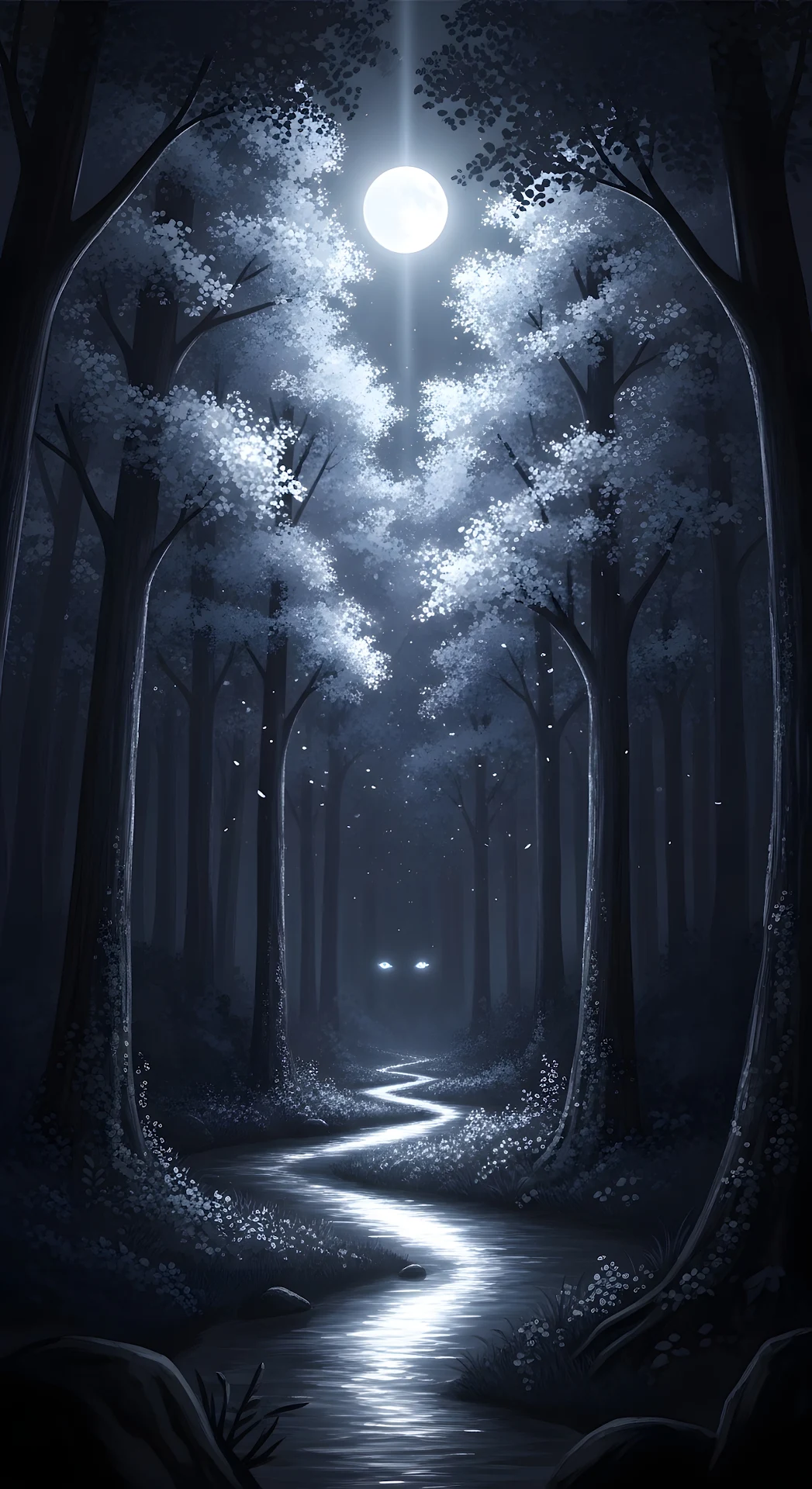 Eerie Moonlit Forest Path with Glowing Eyes Art - Free 4K mobile Wallpaper