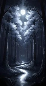 Eerie Moonlit Forest Path with Glowing Eyes Art