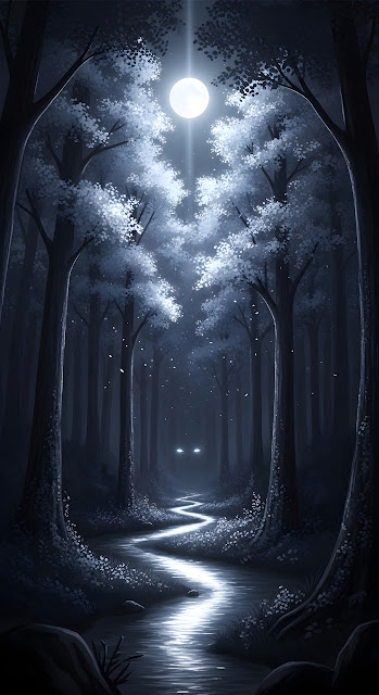Eerie Moonlit Forest Path with Glowing Eyes Art - Free mobile Wallpaper