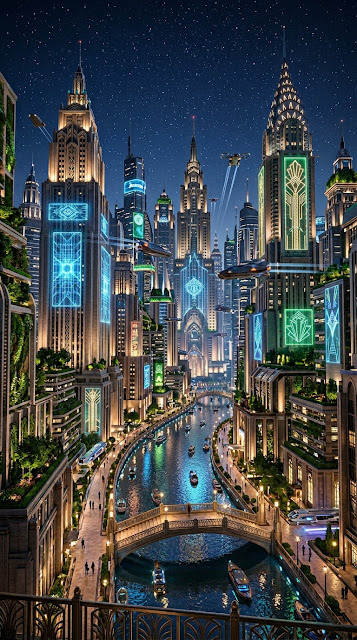 Futuristic Art Deco City with Neon Canals and Vertical Gardens - Free mobile Wallpaper