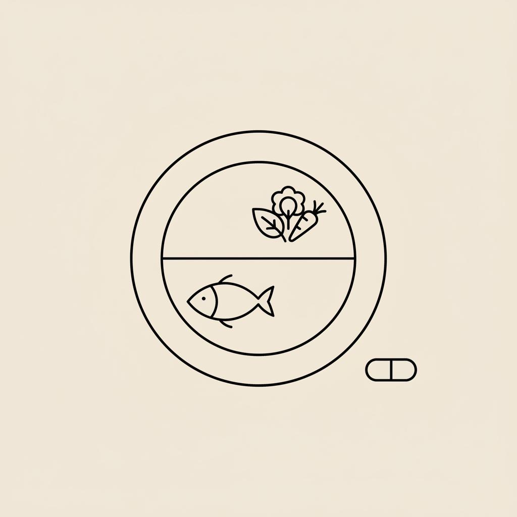 Minimal Tonum-style vector line illustration of a divided plate with fish, vegetables and a small capsule on a beige background representing belly fat nutrition.
