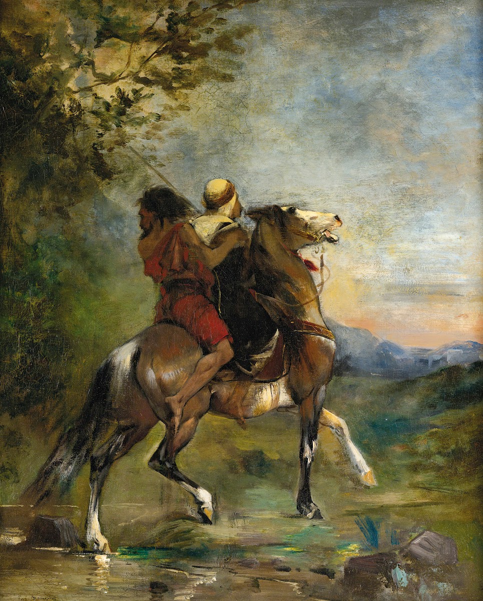 Arab À Cheval Portant En Croupe Un Fou
