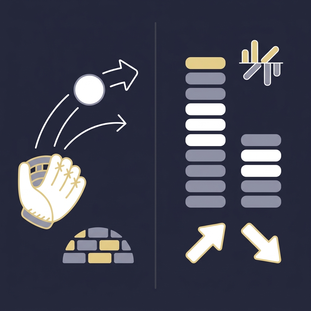 Minimalist 2D vector split illustration with glove and baseball motion on one side and an abstract odds visualization on the other explaining How Run Lines Work in Baseball
