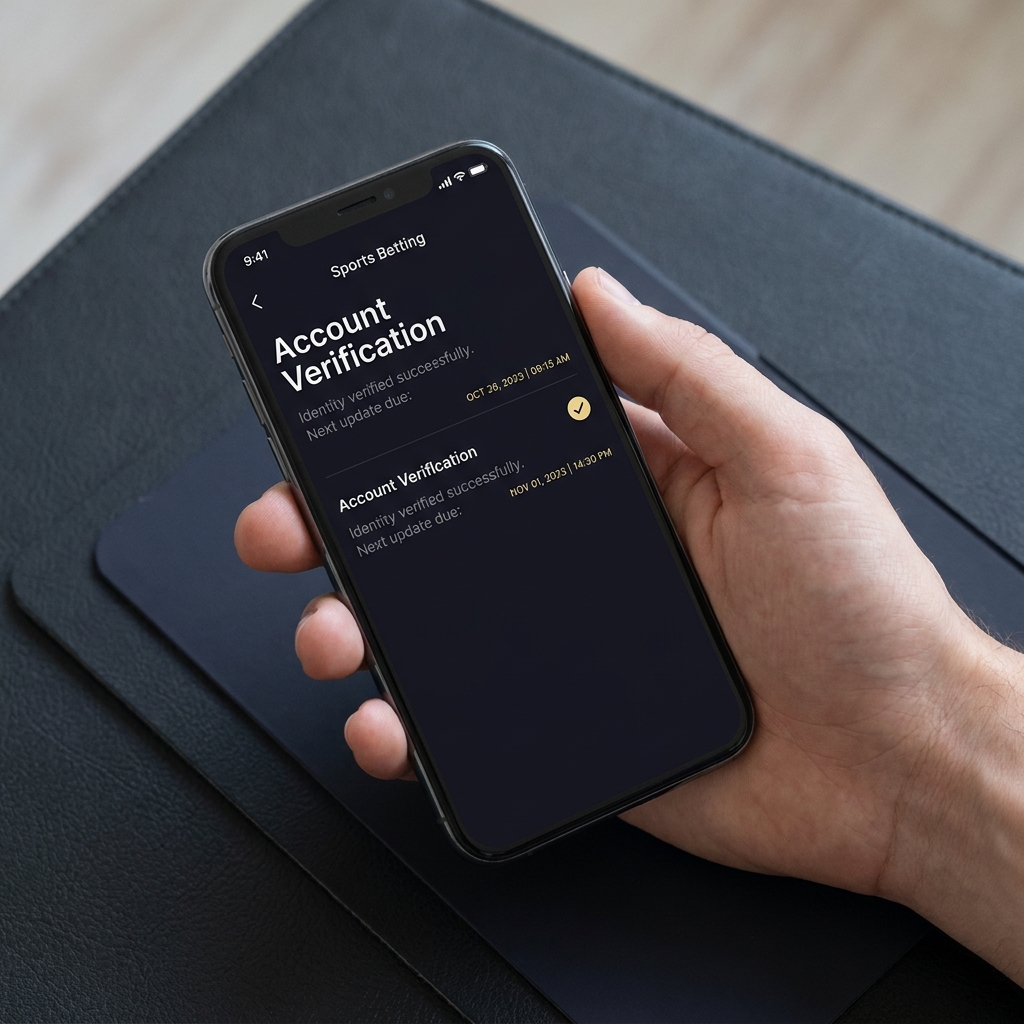 Close up of a smartphone showing a sports betting app verification notes and date stamps on a Funded Plays dark minimalist background list of sportsbooks