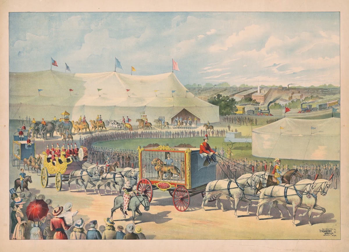 Parade with lion in cage on wagon circus tent in background 1891