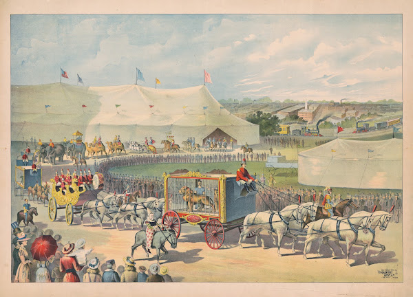 Parade with lion in cage on wagon circus tent in background 1891
