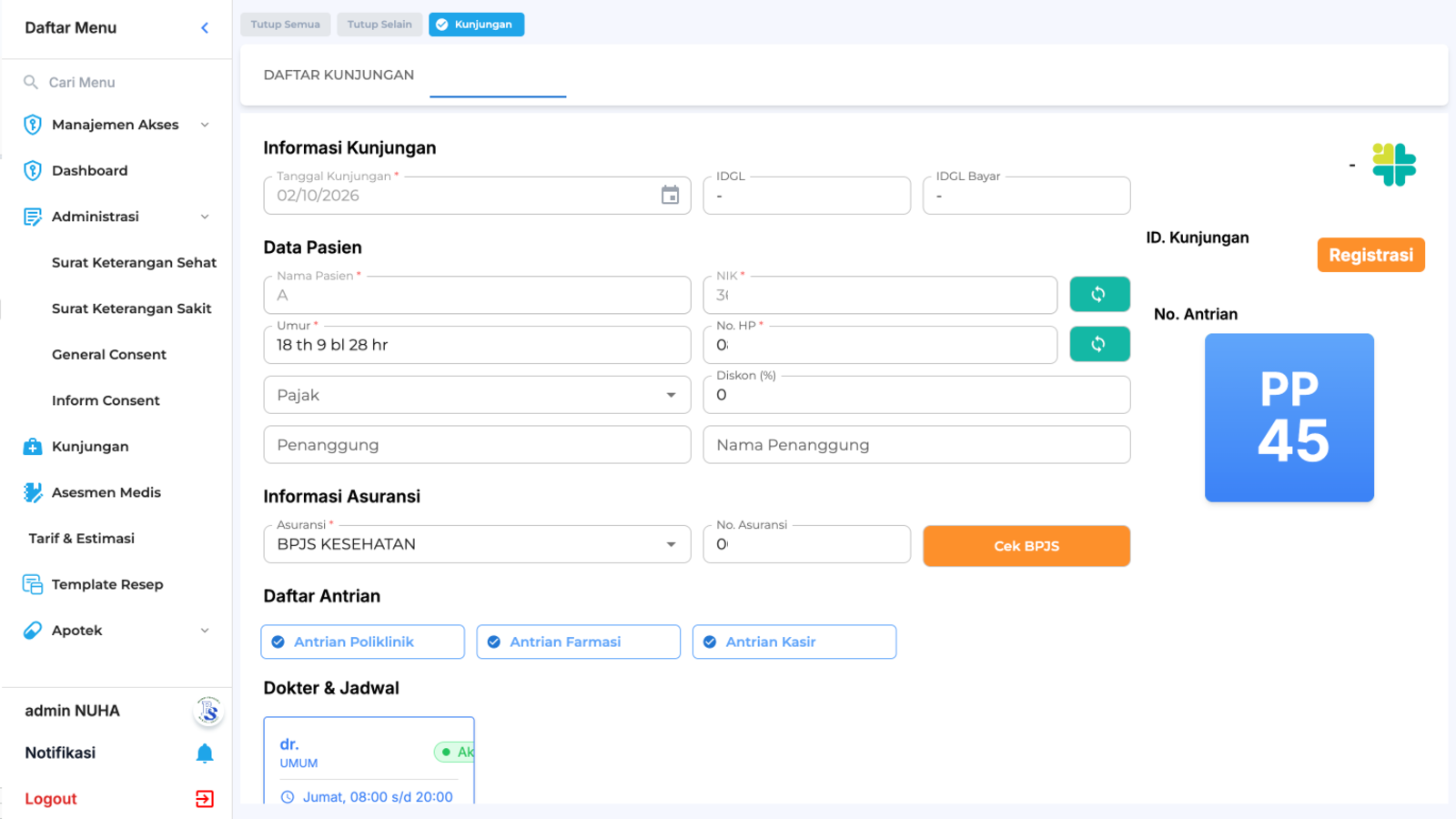 Tampilan fitur Penjamin & Informasi Asuransi pada REGISTRASI & KUNJUNGAN