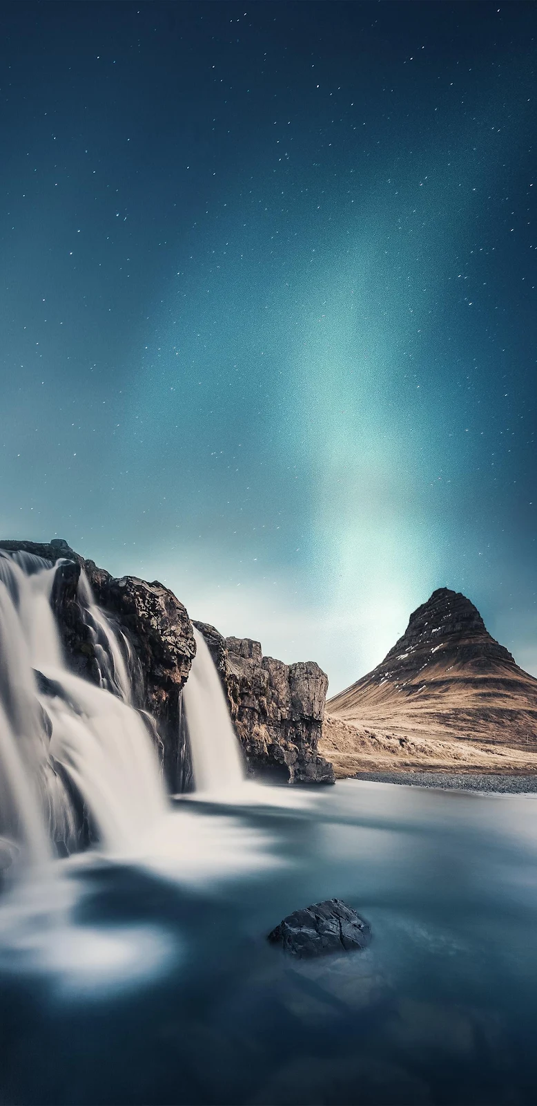 Kirkjufell Waterfall Under Starry Sky - Landscape Photography 2K iPhone Wallpaper (1440x2960)