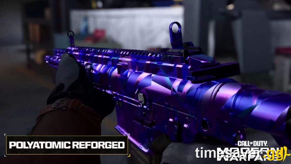 Modern Warfare 4 Polyatomic Reforged mastery camo shown on an assault rifle in the weapon inspect view