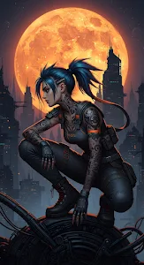 Cyberpunk Assassin Crouching Under Giant Orange Moon Cityscape