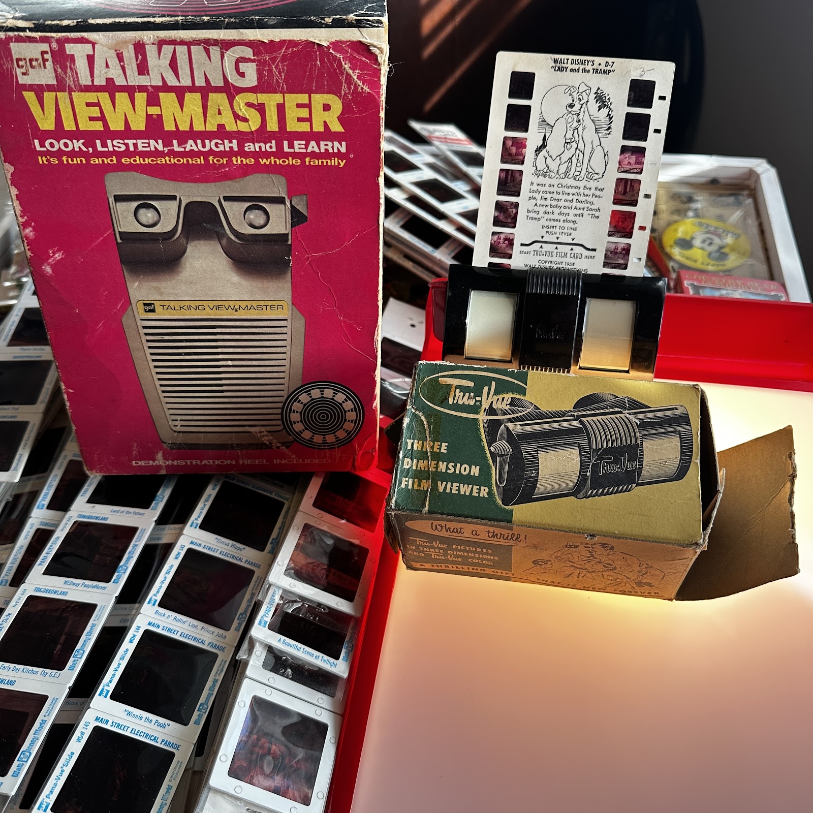 Original GAF Talking View-Master retail box from the early 1970s, approximately 10 inches tall, showing edge wear and corner whitening consistent with age, with "Look, Listen, Laugh and Learn" text visible on the front