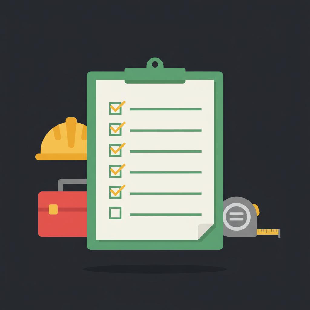 Close 2D vector of a rental property inspection checklist on a clipboard with contractor tools in background illustrating how to get into real estate investing