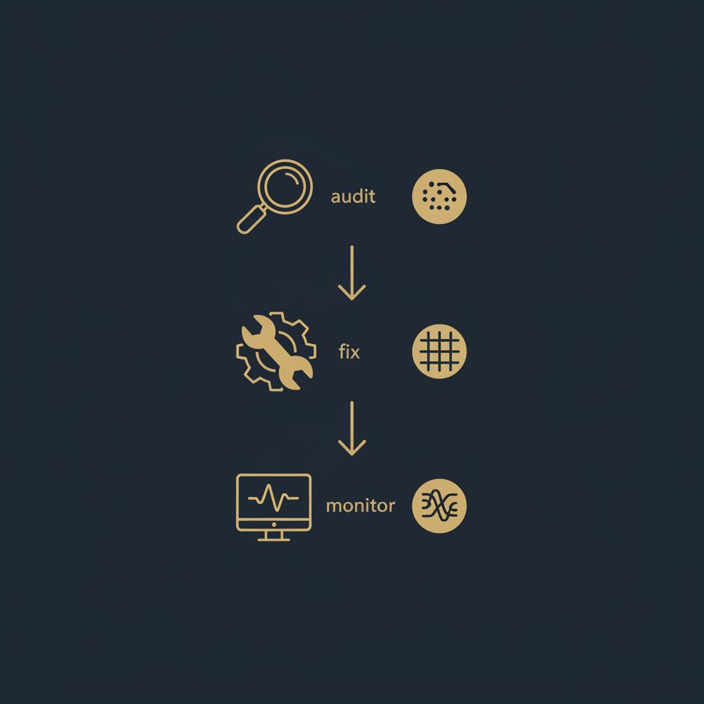 Minimal 2D vector vertical infographic with three gold-accented icons for audit, fix, monitor on dark navy background, abstract platform badges &mdash; best ecommerce platform for seo