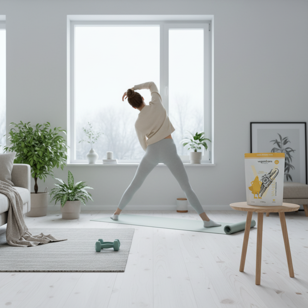 Minimalistisches Home-Workout im hellen Wohnzimmer mit Yogamatte, Pflanzen und Winterlicht; eine Person dehnt sich dezent — motivierende Szene zum Immunsystem stärken.