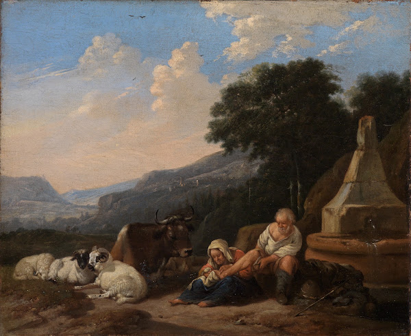 Berglandschaft mit Hirten am Brunnen ca 1670
