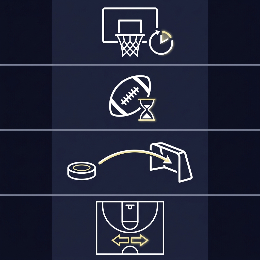 Minimalist 2D vector infographic panel comparing NBA repeat overtime NFL limited overtime NHL shootout and NCAA alternating possessions showing How Overtime Rules Affect Moneyline Pricing