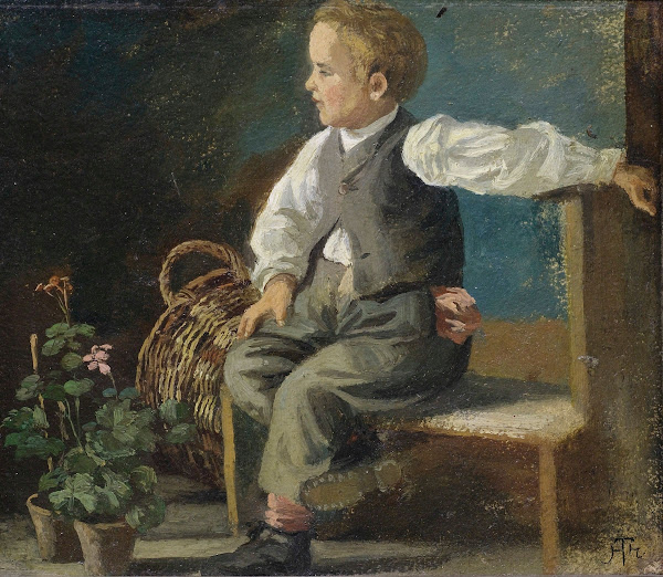 A young boy on a bench with flower pots and a wicker basket 1882