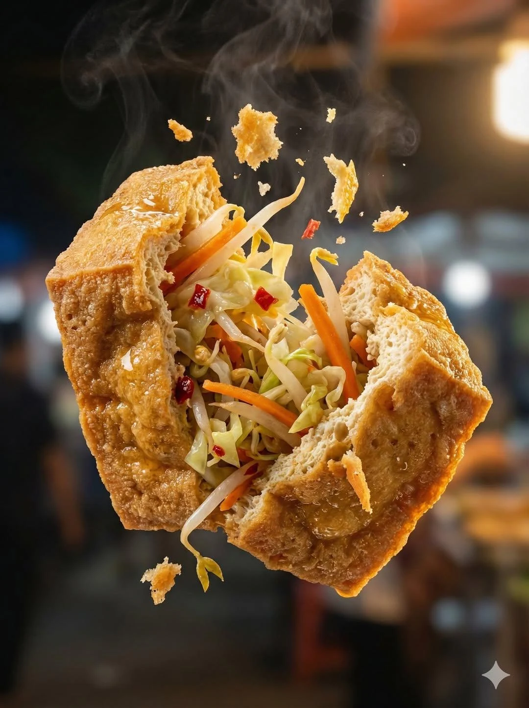 "Fotografía macro de un crujiente martabak telur abriéndose en el aire, con su fina envoltura dorada rompiéndose en pedazos..."