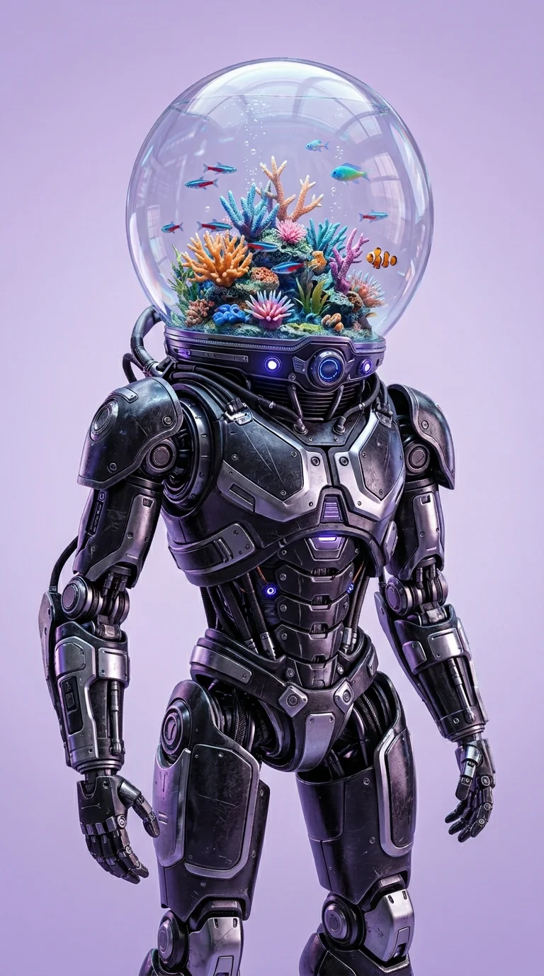 Sci-Fi Robot Figure with Aquarium Glass Helmet and Coral - Free 8K and 4K mobile Wallpaper Background