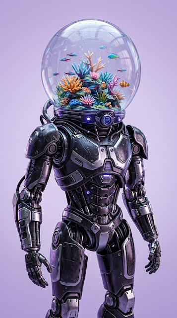 Sci-Fi Robot Figure with Aquarium Glass Helmet and Coral - Free mobile Wallpaper