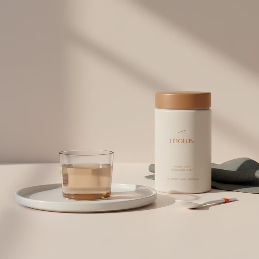 Tonum Motus jar on a clean kitchen counter with a glass of diluted apple cider vinegar on a plate, minimalist clinical lifestyle shot for apple cider vinegar AMPK
